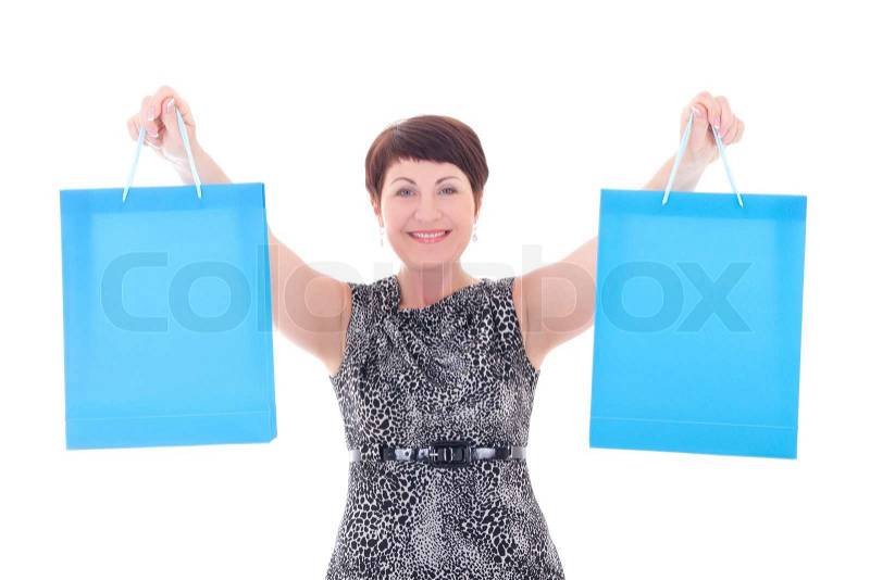Happy elder woman with shopping bags isolated on white background, stock photo