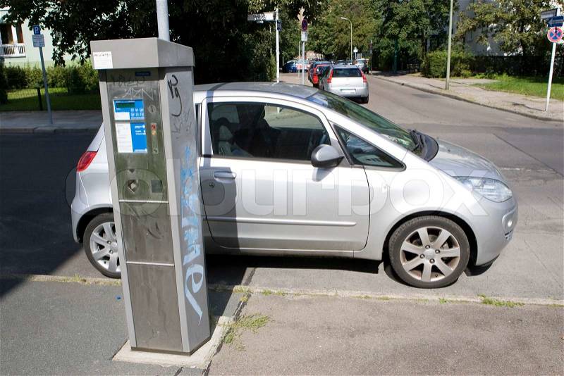 Pay and display machine in a German parking, stock photo