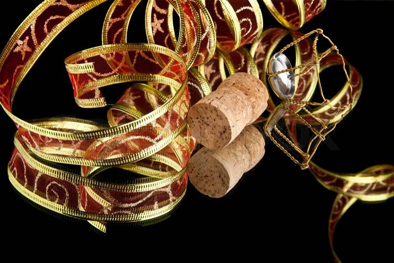 Ribbon and cork on a black background, stock photo