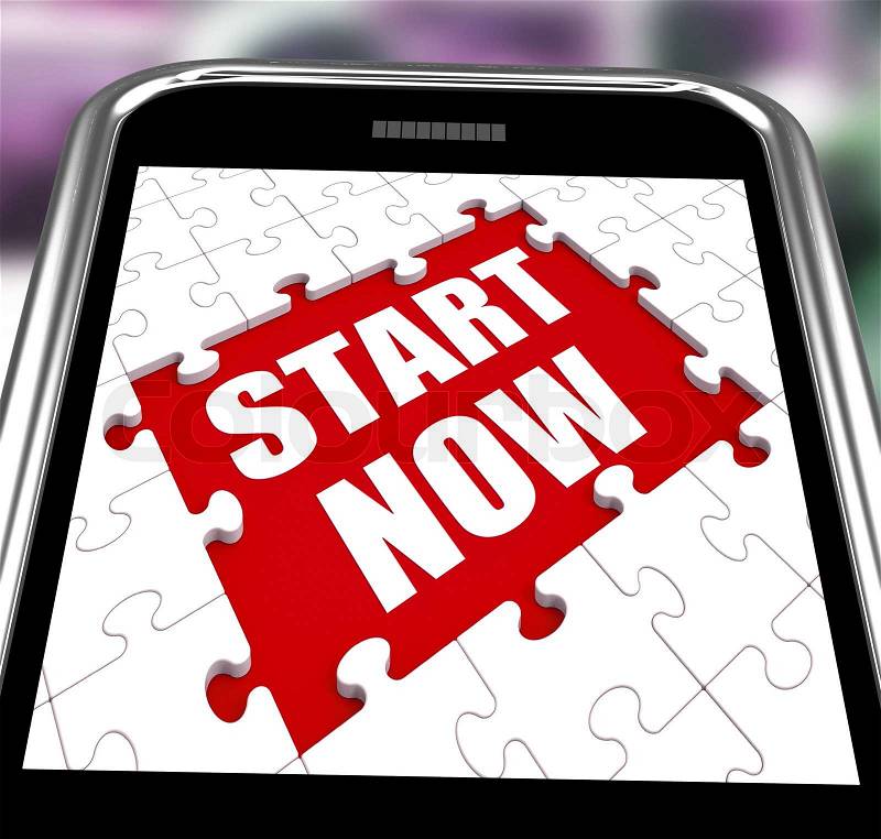 Start Now Smartphone Showing Commence Or Begin Immediately, stock photo