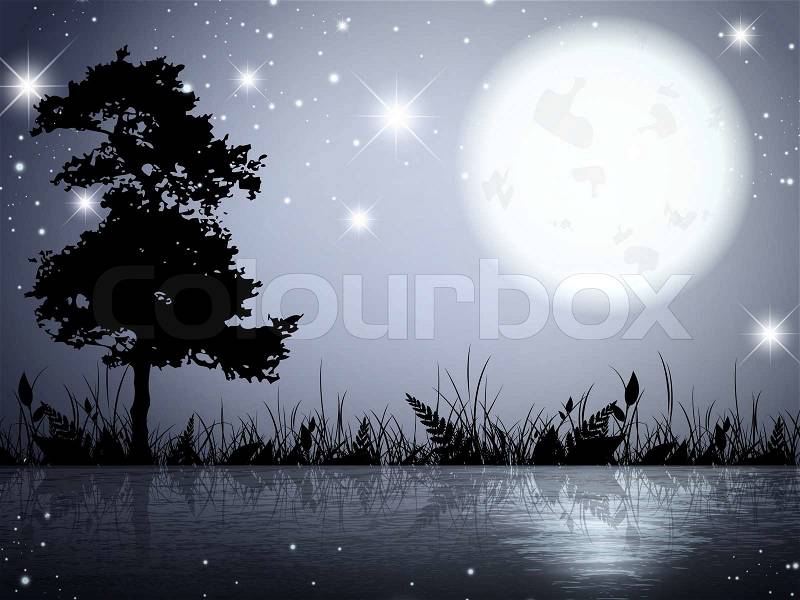 Abstract Moon Night Lake With Grass and Tree, stock photo