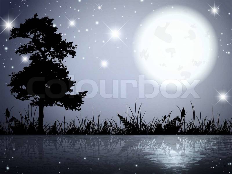 Abstract Moon Night Lake With Grass and Tree, vector