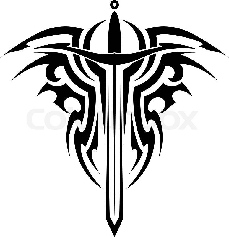 Tribal tattoo design with medieval sword isolated on white 