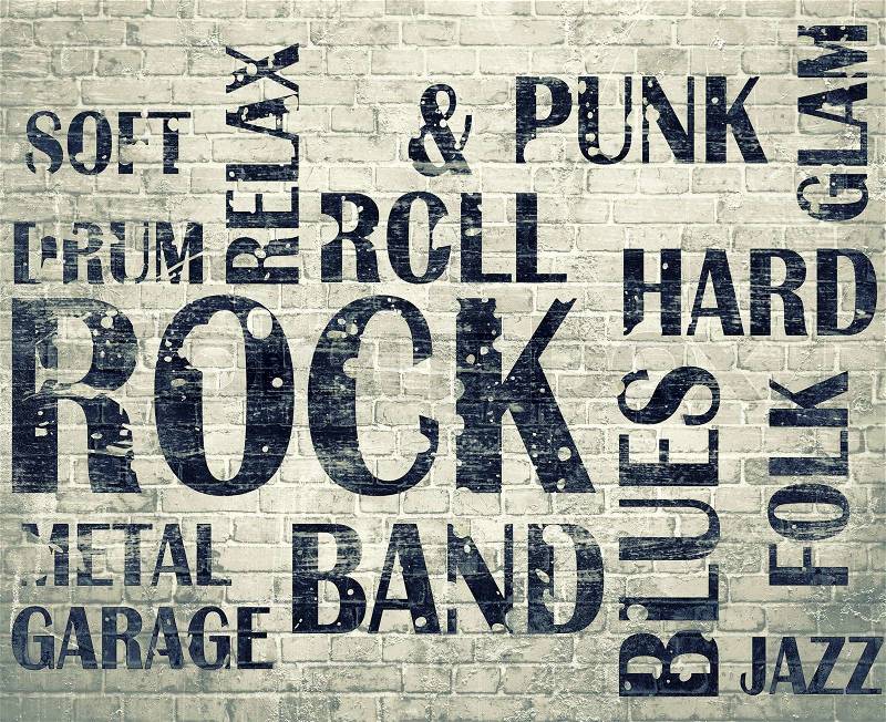 Grunge rock poster on beick wall background, stock photo