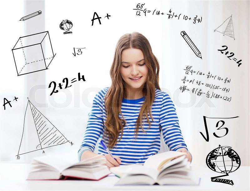 Education and home concept - happy smiling student girl with books, stock photo