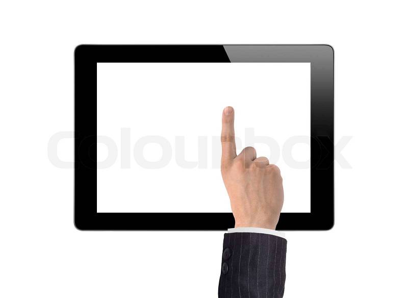 Man hand make a choice on tablet isolated on white background, stock photo