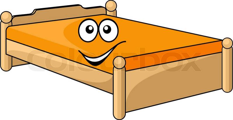 Comfortable cartoon bed with a colorful orange mattress with a happy ...