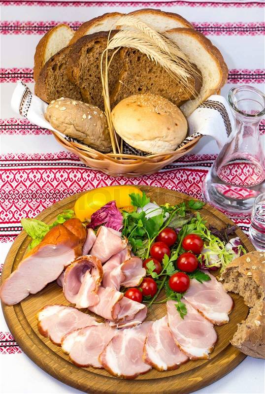 Smoked meat on the table in a restaurant, stock photo