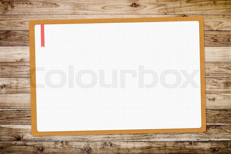 Blank drawing white paper on brown wooden plank background, stock photo