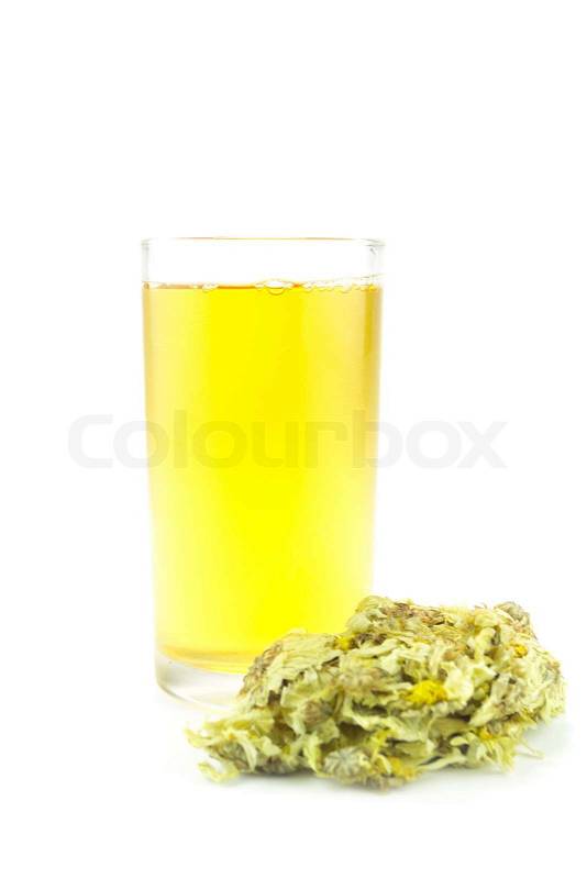 Chrysanthemum tea, cold healthy drink with dry Chrysanthemum on white background, stock photo