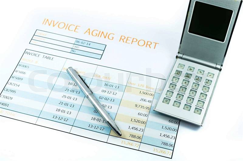 Invoice report with calculator and pen for business, stock photo