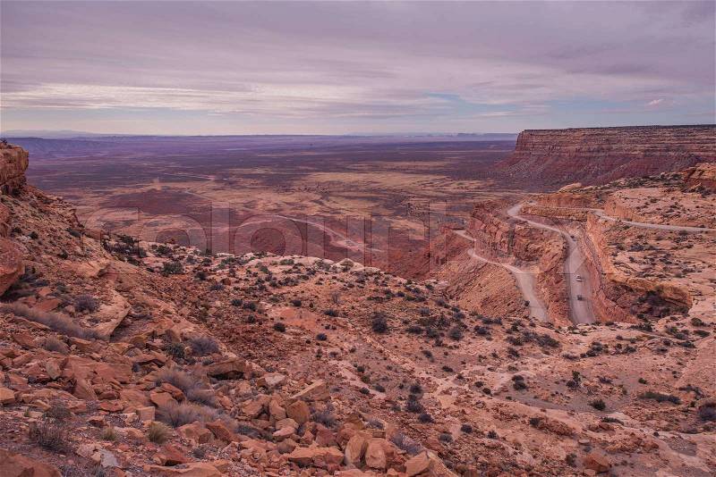 Curved Cliff Road in Utah near Mexican Hat, Utah, United States. Scenic Raw Utah Landscape, stock photo