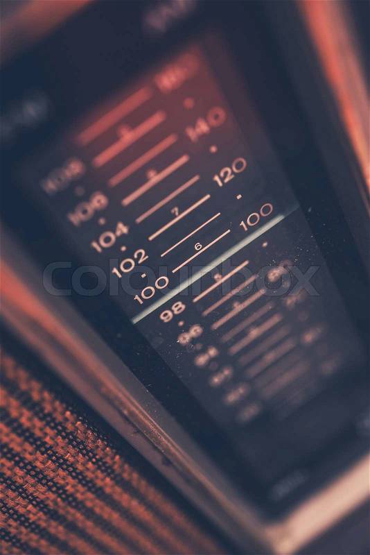 Dirty Radio Frequency Tune. Aged Early 80s Radio Device Frequency Closeup, stock photo