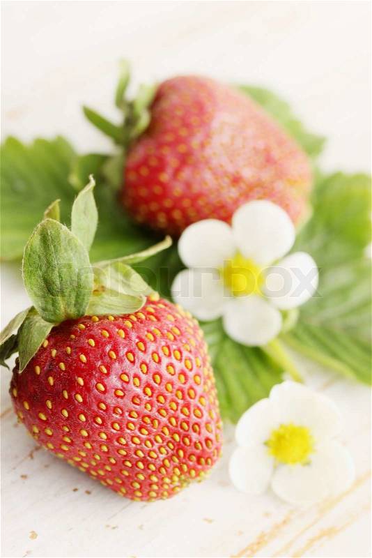 Fresh strawberries with leaves and flowers on the boards, stock photo