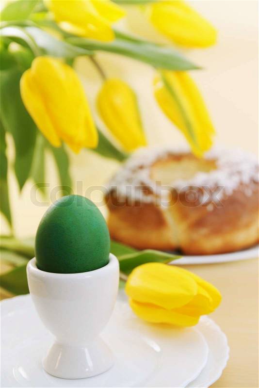 Passover holiday still life, eggs, flowers and cake, stock photo