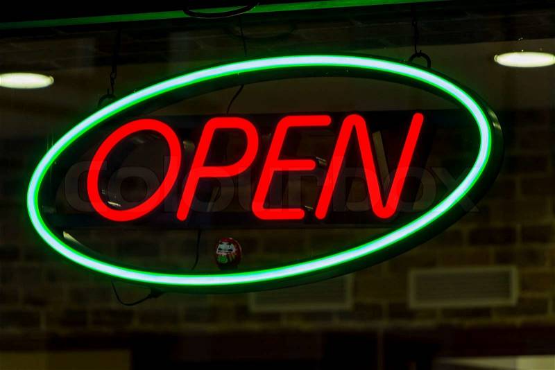 Open sign shows the open business on, stock photo
