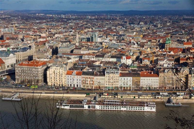 Aerial view of Danube river and Budapest city, Hungary, stock photo