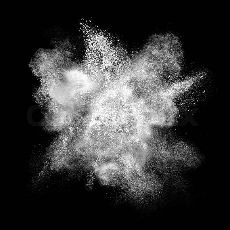 White powder explosion isolated on black background, stock photo