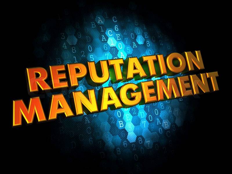 Reputation Management Concept - Golden Color Text on Dark Blue Digital Background, stock photo