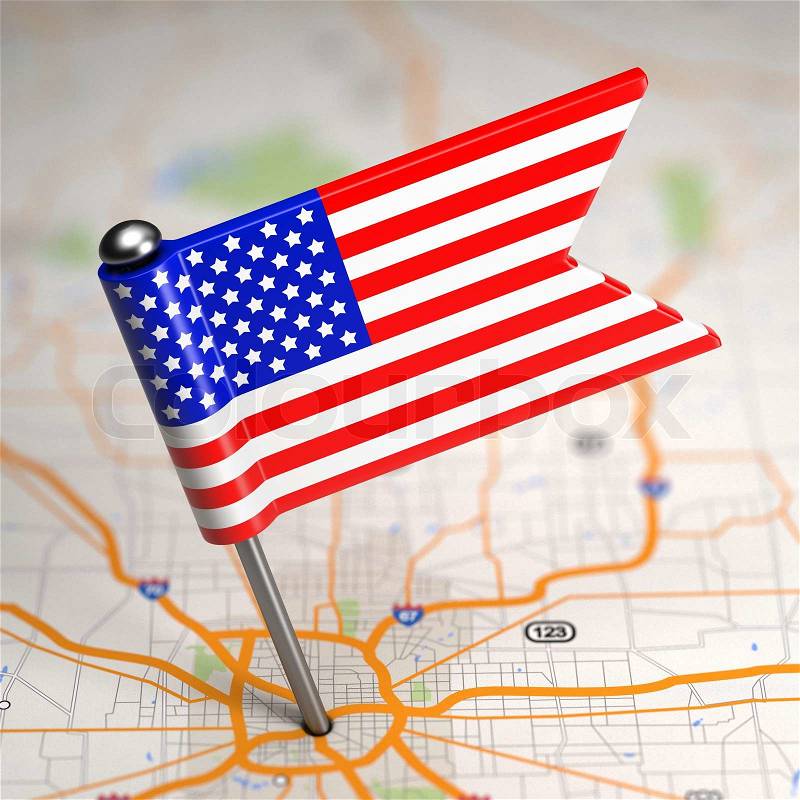 Small Flag of United States of America on a Map Background with Selective Focus, stock photo