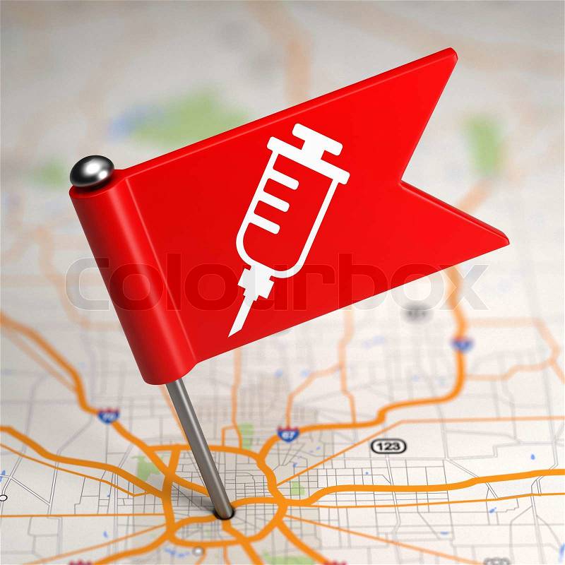 Red Small Flag with Syringe Icon on a Map Background with Selective Focus, stock photo