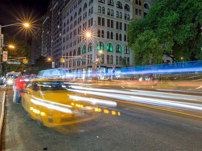 Taxi lights in New York City near Union Square, stock photo