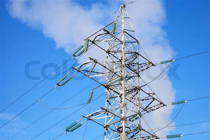 High voltage power lines and steel pylon above the sky, stock photo