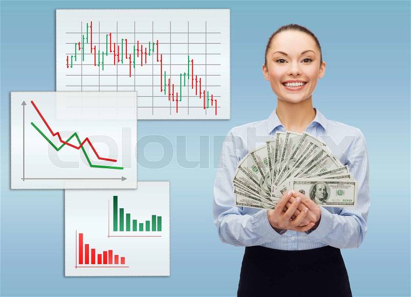 Business and money concept - young businesswoman with dollar cash money, stock photo