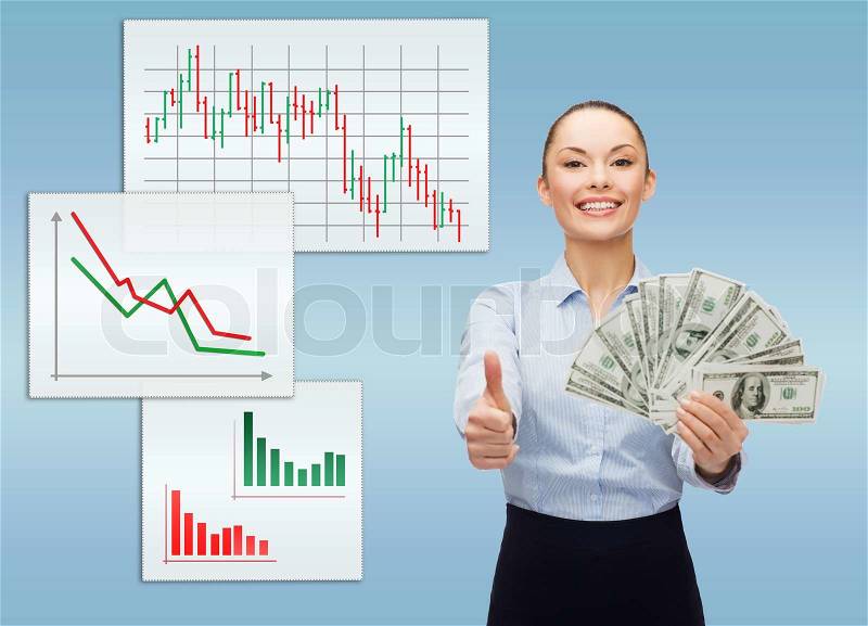 Business and money concept - young businesswoman with dollar cash money showing thumbs up, stock photo
