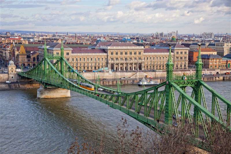 Liberty Bridge (Szabadsag hid) over Danube river in Budapest, Hungary, stock photo