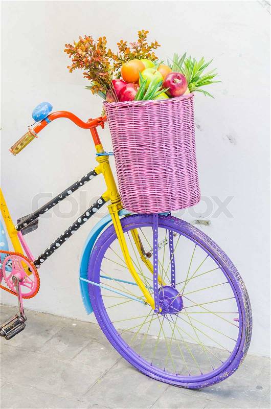 Bicycle with basket fruit and flower, stock photo