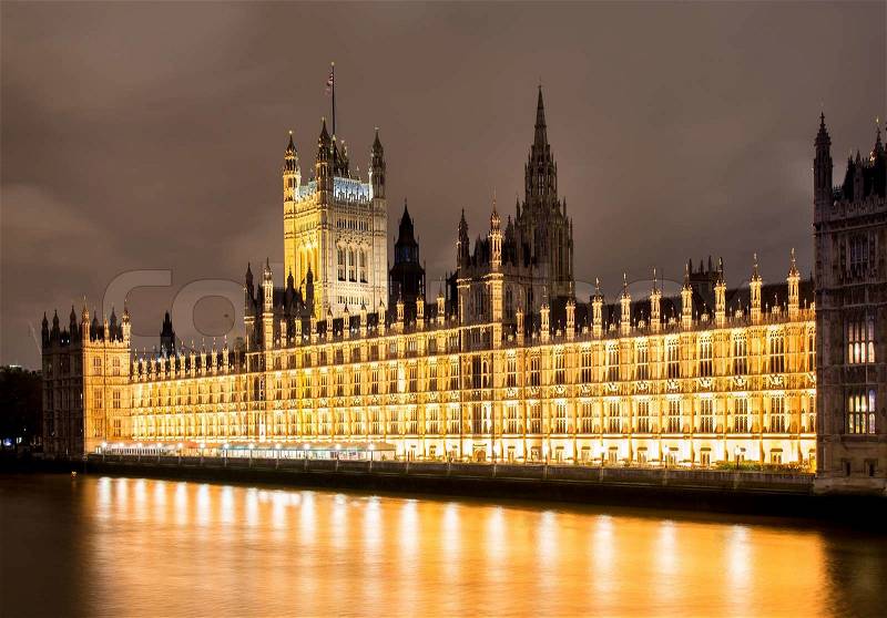 British parliament and Big Ben building at night, stock photo