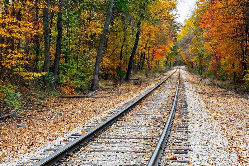 Railraod tracks lead the eye through vivid fall foliage in rural central Indiana, stock photo
