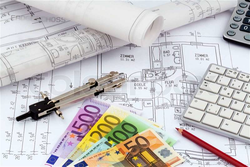 An architect's blueprint with euro money. symbolic photo for funding and planning of a new house, stock photo