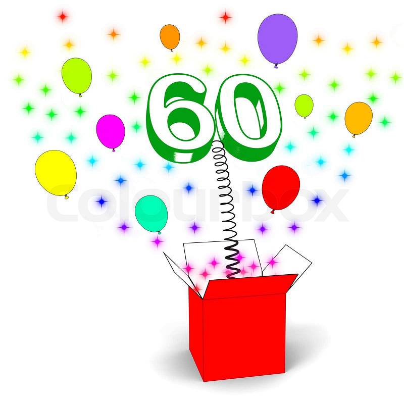 Number Sixty Surprise Box Showing Elderly Surprise Party Or Celebration, stock photo