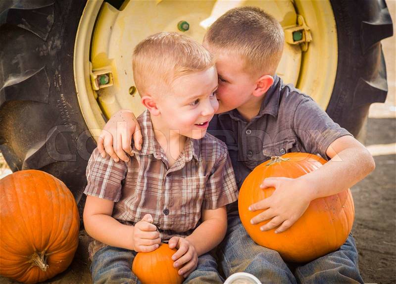 Two Boys Sitting Against a Tractor Tire Holding Pumpkins and Whispering Secrets in Rustic Setting, stock photo