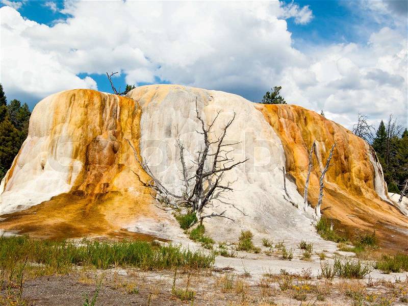 Orange Spring Mound is a beautiful thermal feature at Mammoth Hot Springs in Yellowstone National Park, Wyoming, stock photo
