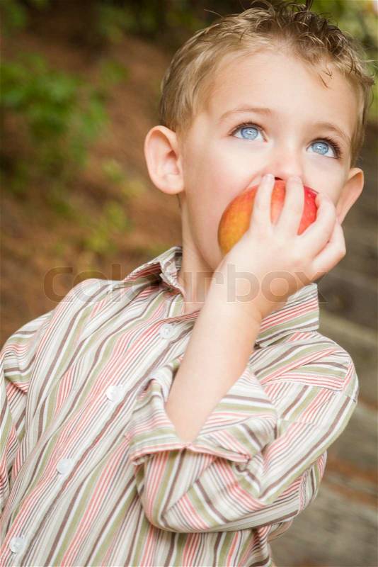 Adorable Child Boy Eating a Delicious Red Apple Outside, stock photo