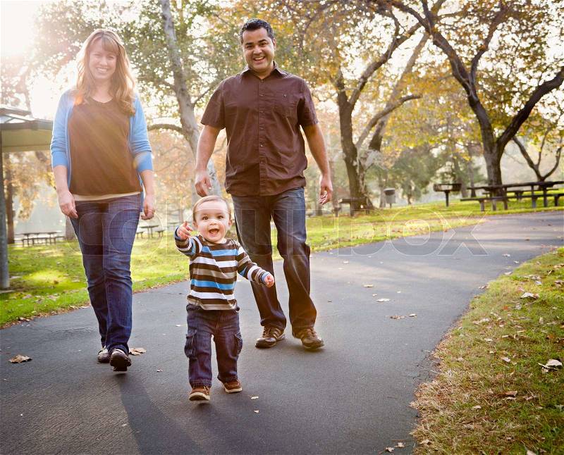 Happy Young Mixed Race Ethnic Family Walking In The Park, stock photo