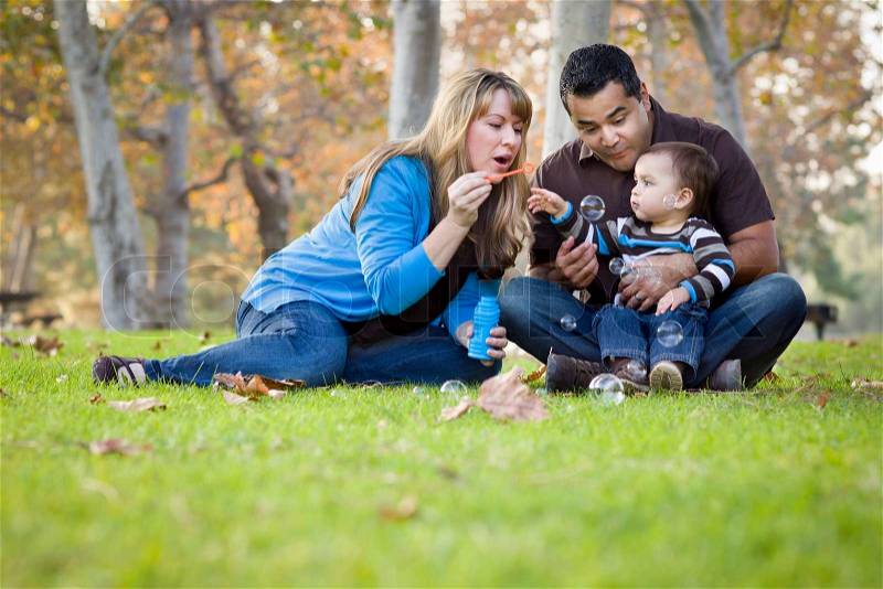 Happy Young Mixed Race Ethnic Family Playing with Bubbles In The Park, stock photo