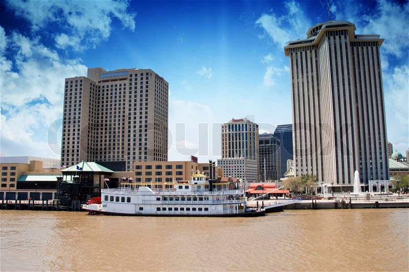 Skycrapers of New Orleans with Mississippi River, Louisiana, stock photo