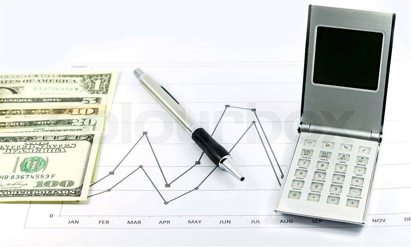 Stock graph report with calculator, pen and usd money for business, stock photo
