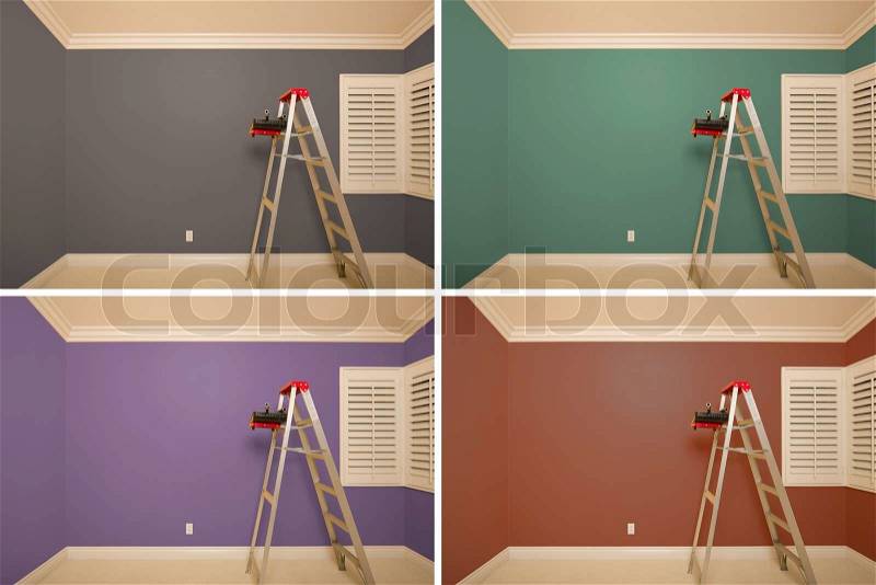Set of Empty Rooms Painted in Variety of Colors with Ladder, Rollers and Tray, stock photo