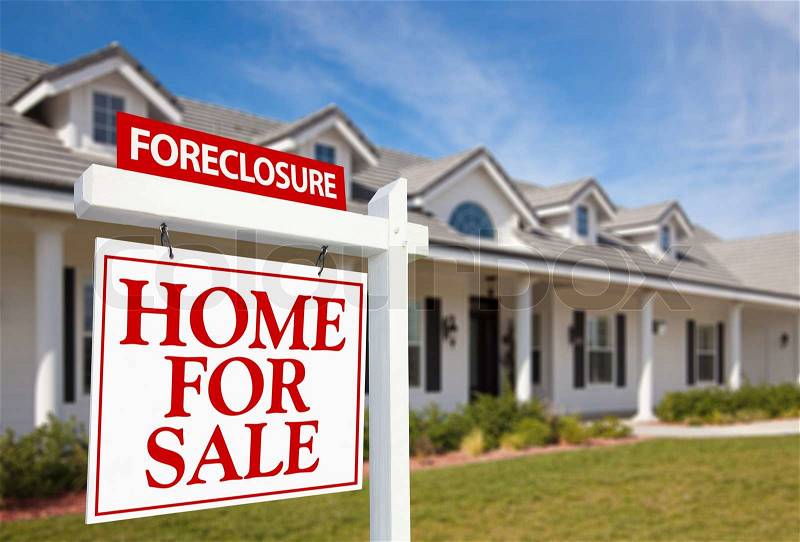 Foreclosure Home For Sale Real Estate Sign in Front of New House, stock photo