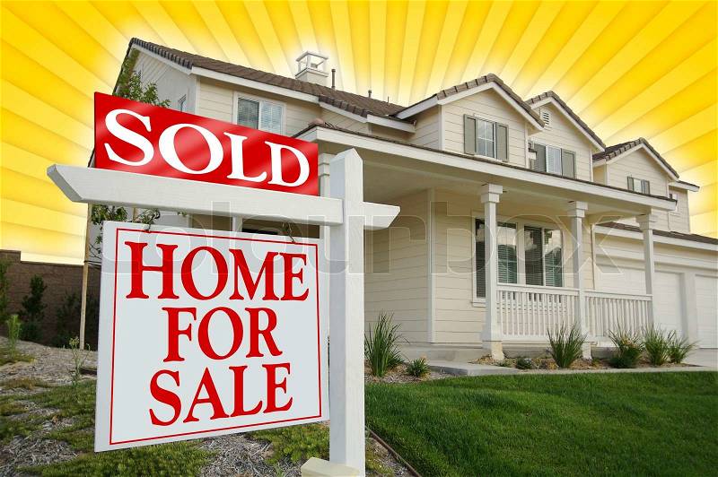Sold Home For Sale Sign with Yellow Star-burst Background, stock photo