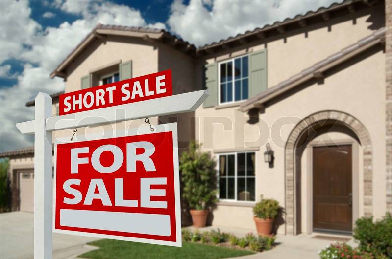 Red Short Sale Real Estate Sign and House, stock photo