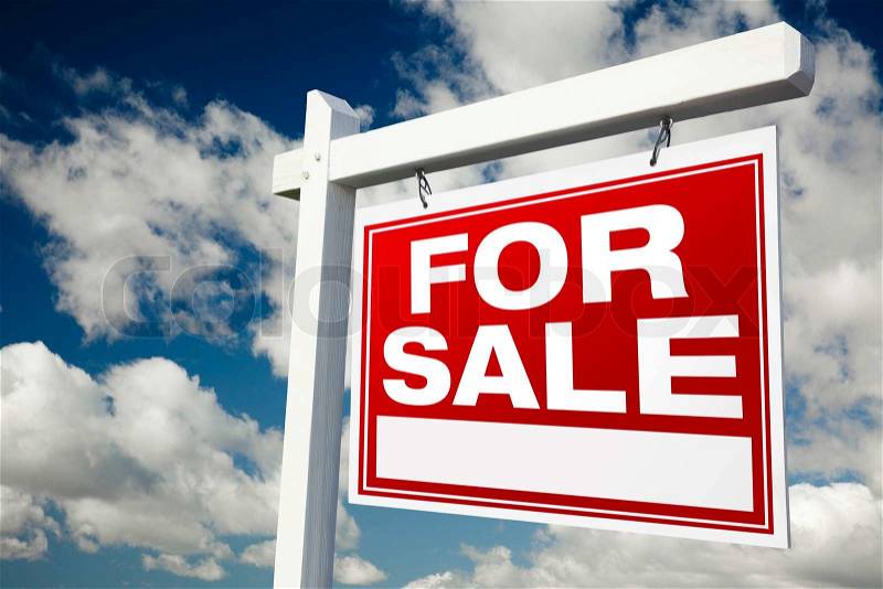 For Sale Real Estate Sign on Clouds & Sky Background - Ready for your own message, stock photo
