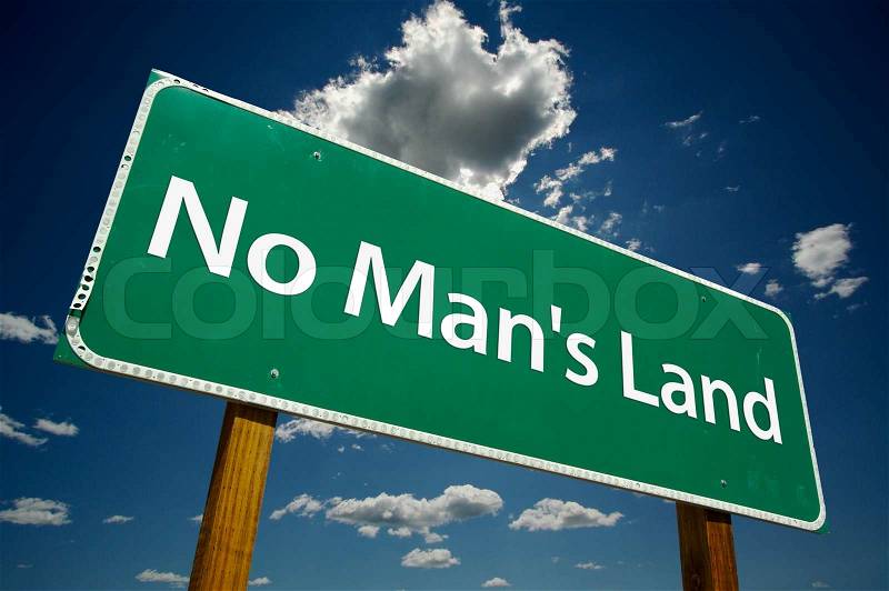 No Man\'s Land Green Road Sign on Dramatic Clouds and Blue Sky, stock photo