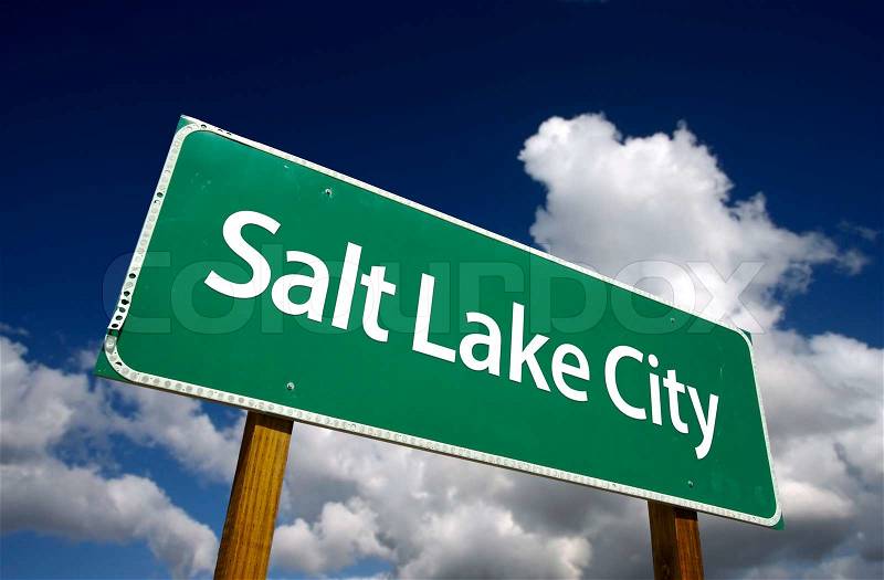 Salt Lake City Road Sign with dramatic blue sky and clouds - U.S. State Capitals Series, stock photo