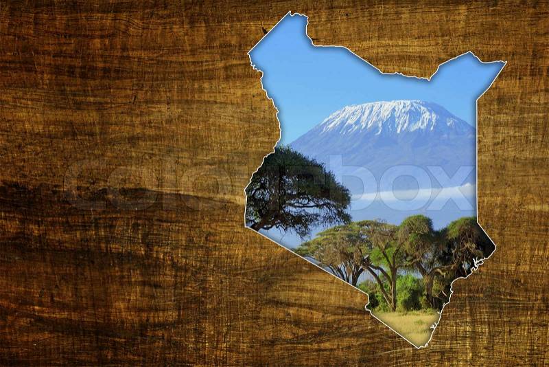 Vintage Kenya Wildlife Map Design on papyrus with Kilimanjaro, stock photo